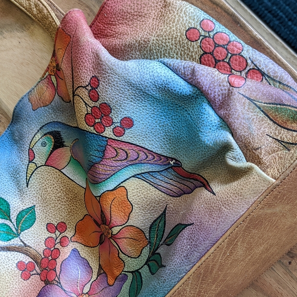 Anna by Anuschka Genuine Leather Large Shopper Bag Bird on Branch Hand Painted - Picture 3 of 16